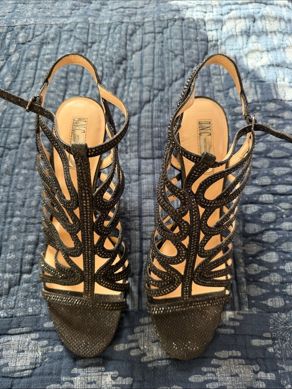 INC International Concepts Black Glitter Cutout Strappy Heels